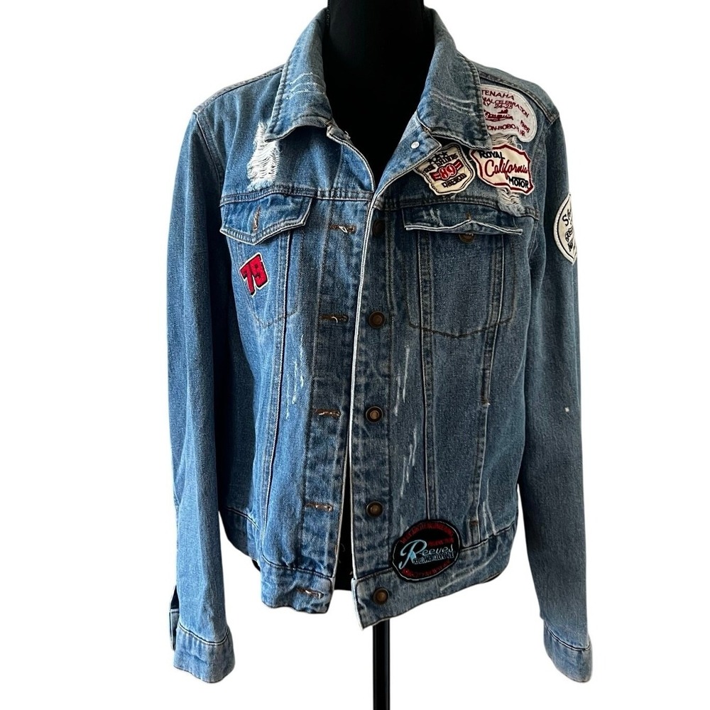 Angel Kiss Los Angeles Distressed Patch Denim Jacket Womens 1X Blue Jean Trucker